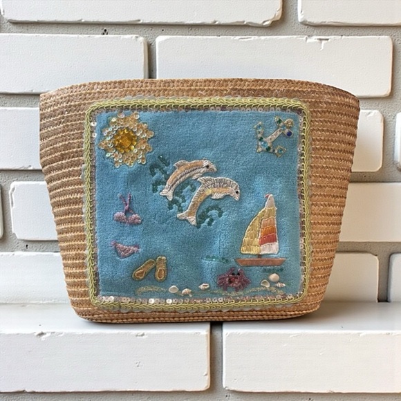 Straworld Straw Woven Beach Bag Ocean Dolphins Sailboat Tote - Picture 1 of 9